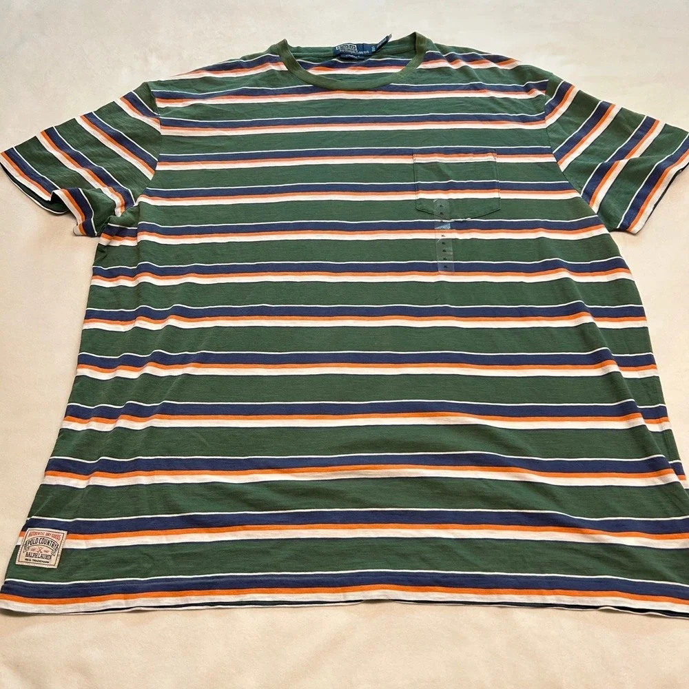 Polo Ralph Lauren Mens XL Classic Fit Striped Pocket T-Shirt Green Blue Orange